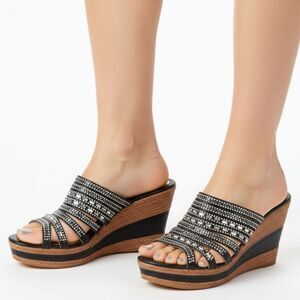 Patrizia Black & Silver Rhinestone Embellished Wedge Heel Shoes 8 41